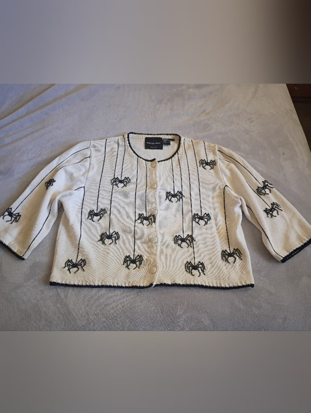 Vintage Michael Simon Halloween Beaded Spider Cardigan in Cream RARE COLORWAY